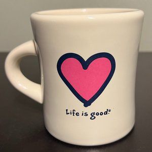 LIFE IS GOOD! Pink Heart Logo Diner Mug DO WHAT YOU LIKE. LIKE WHAT YOU DO.